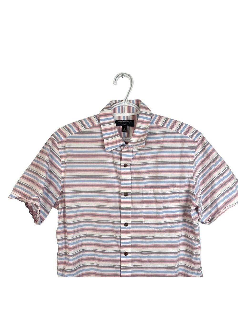 Banana Republic Factory Soft Wash Pink Blue Striped Short Sleeve Casual Shirt M